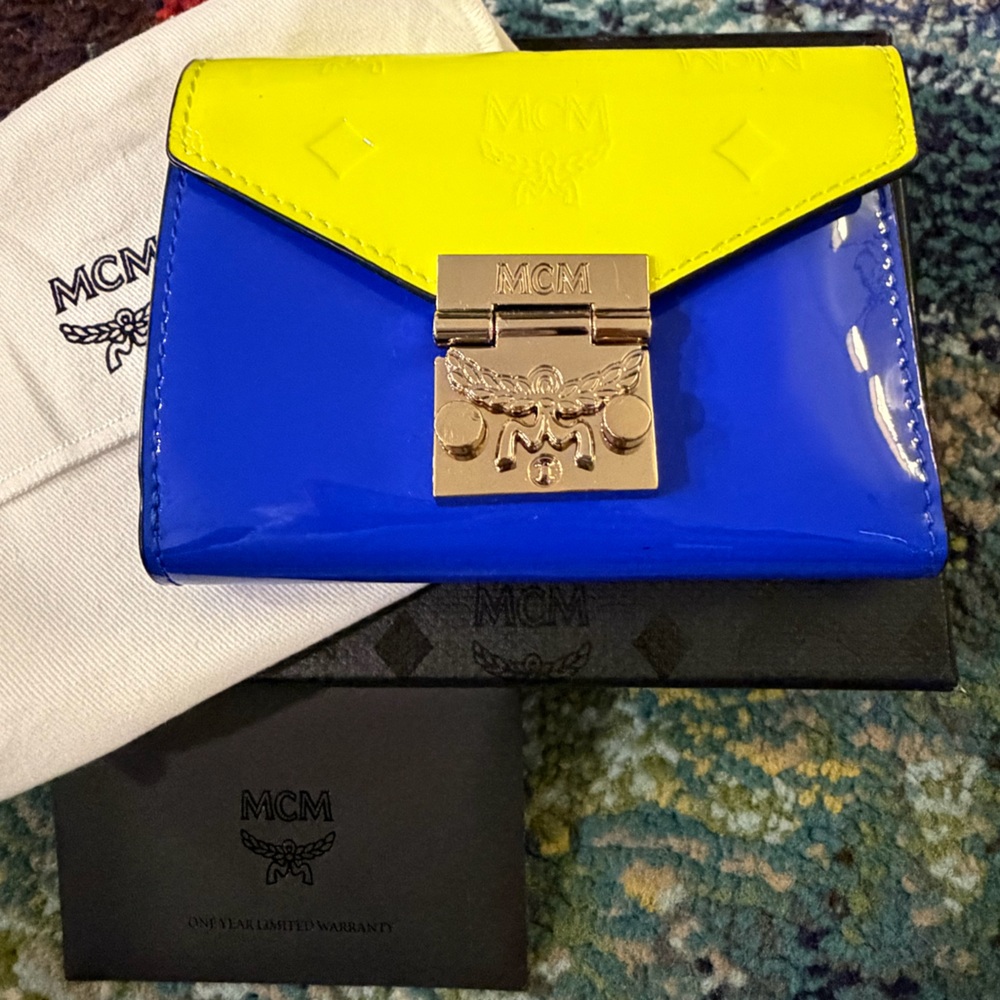 MCM Limited Edition Neon Yellow Blue Patent Wallet